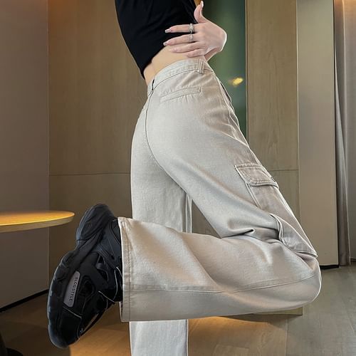 High Rise Plain Wide Leg Cargo Pants