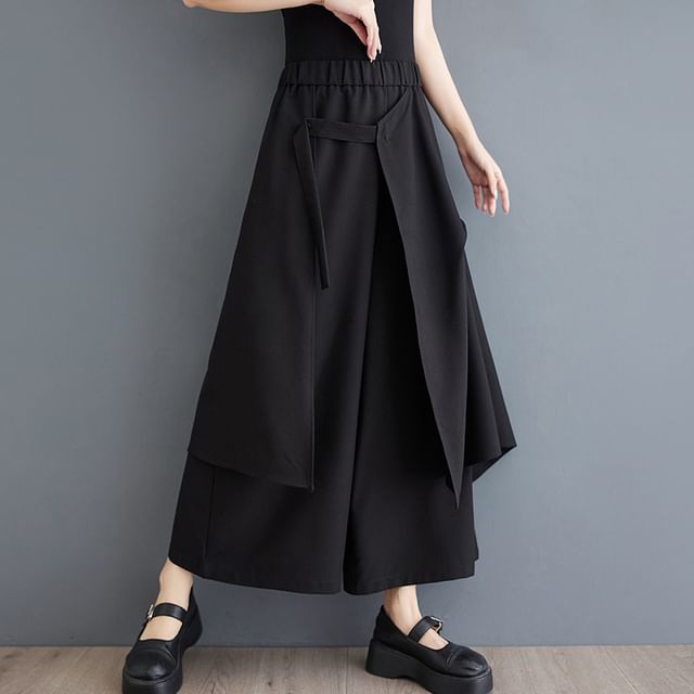 Lewwe-High Waist Plain Asymmetrical Panel Cropped Culottes