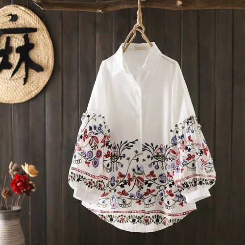 美品♡MEDI VINTAGE FLOWER EMBROIDERY SHIRT Alicia Linen Top-White, Floral Embroidery | Boden USA