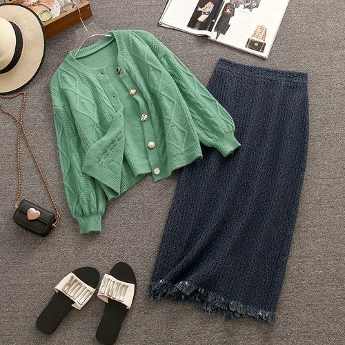 Crew Neck Plain Cable Knit Button-Up Cardigan / High Waist Distressed Midi  Denim Skirt / Set