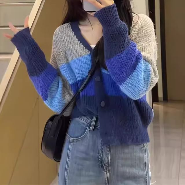 MIKIGA-V-Neck Color Block Button-Up Cardigan