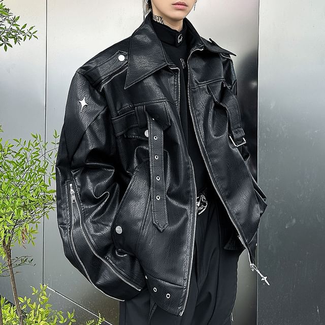 Whyessa-Long Sleeve Buckled Faux Leather Jacket