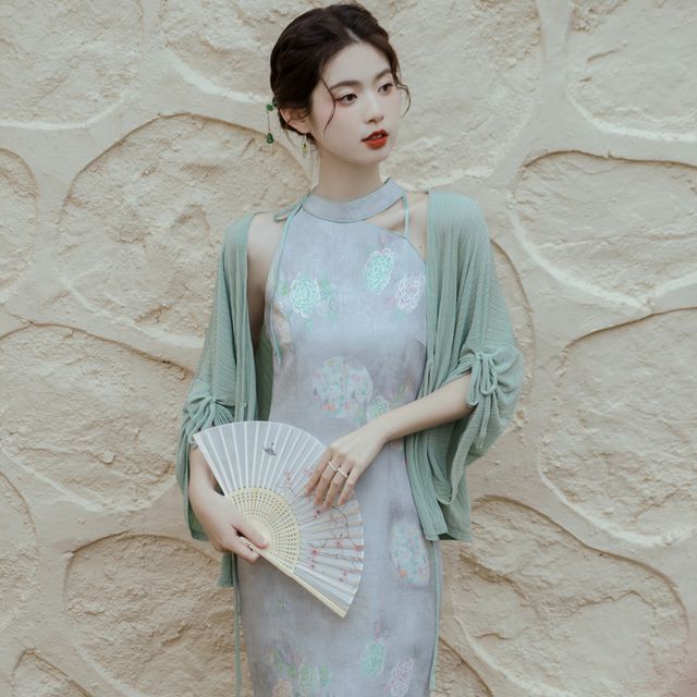Sleeveless Floral Slit Midi Sheath Dress / Plain Cardigan / Set