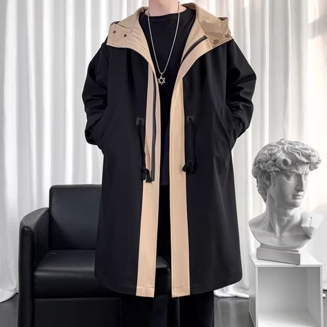 emeisa-Mock Two-Piece Two Tone Hooded Midi Zip Coat