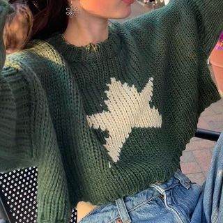 Puffie Crewneck Star Jacquard Crop Sweater