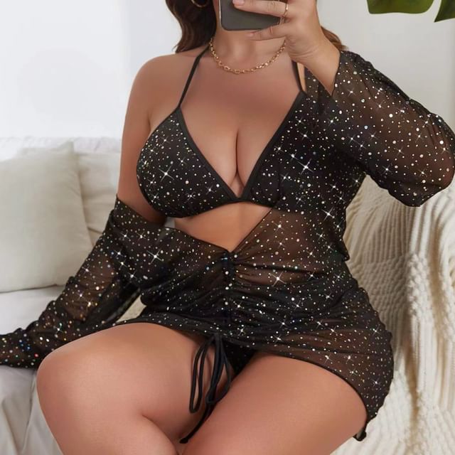 tropibreeze-Set Halter Sequin Bikini Top Bikini Bottom Cover Up