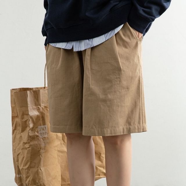 Shineon Studio-Elastic Waist Plain Bermuda Shorts