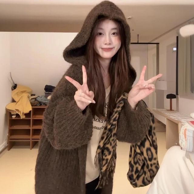 PERKARP-Plain Hooded Ribbed Oversized Cardigan