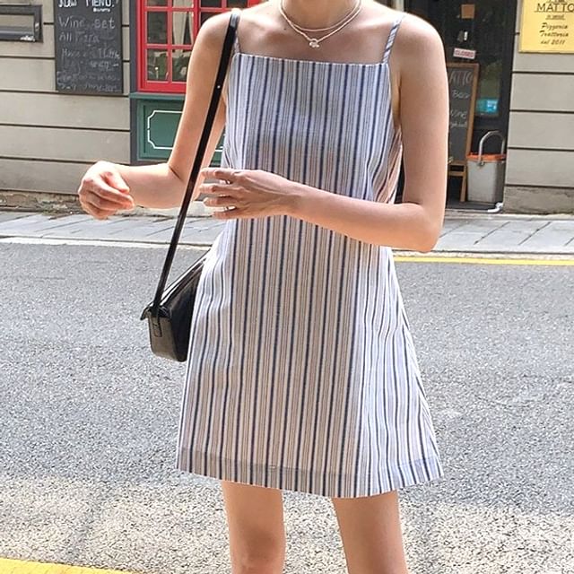 Bolgivy-Spaghetti Strap Striped Mini A-Line Dress