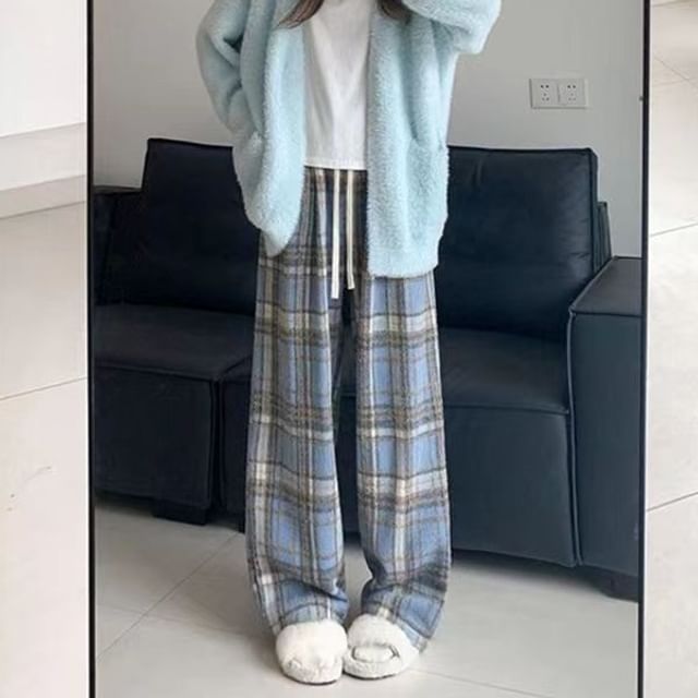 Everose-High Waist Plaid Wide Leg Pants