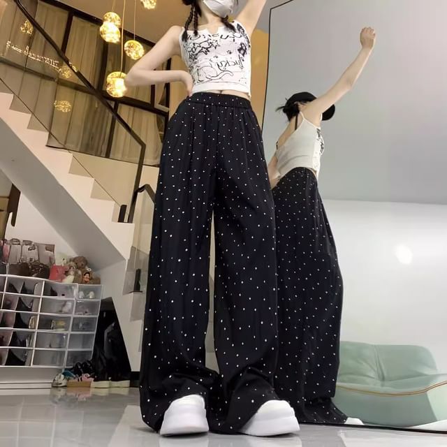 Dovitade-Mid Rise Dotted Wide Leg Pants