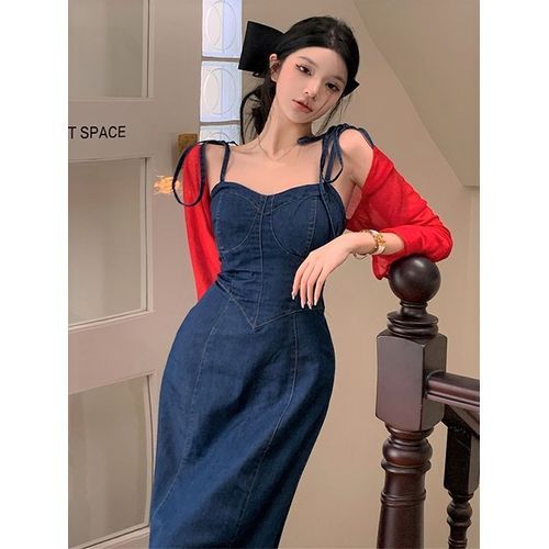 Guromo - Sleeveless Denim Maxi Bustier Dress / Light Cardigan | YesStyle