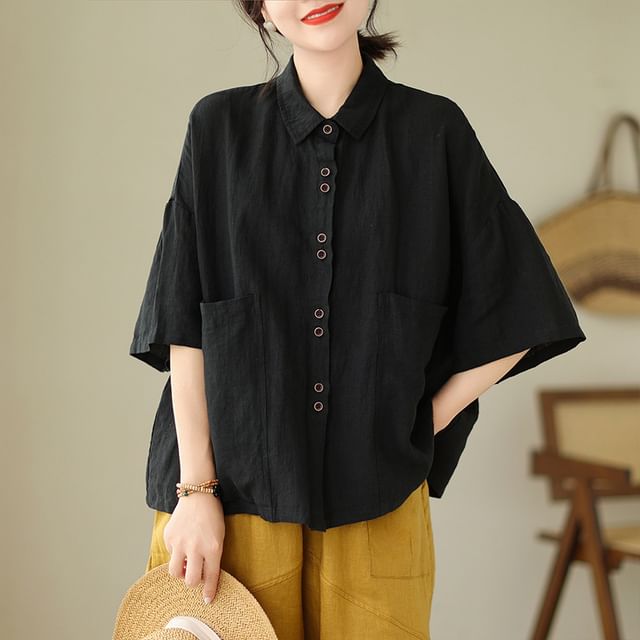 Lewwe-Elbow Sleeve Collared Plain Large Pocket Shirt