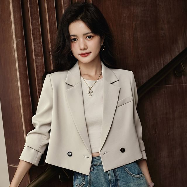 Skyheart-Lapel Collar Plain Double-Breasted Crop Blazer Sleeveless Square Neck Slit Midi A-Line Dress Set
