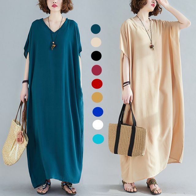 Supernova-Short-Sleeve V-Neck Plain Maxi Shift Dress