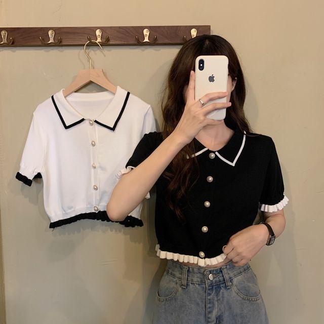 OGAWA-Short-Sleeve Ruffle Trim Blouse