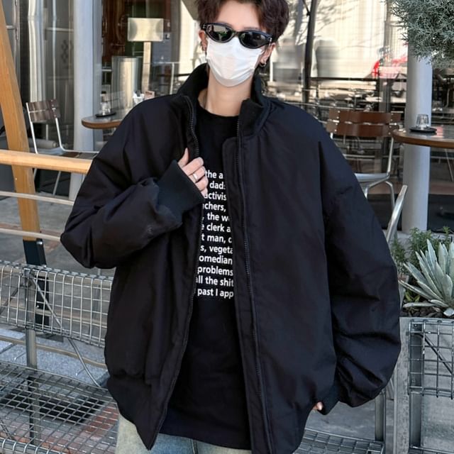 Plummie-Stand Collar Plain Puffer Bomber Jacket