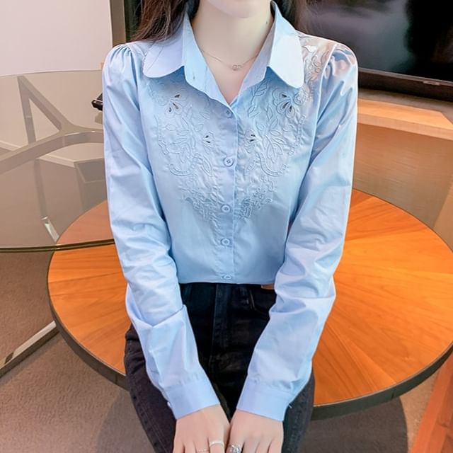 Dragan Pulse-Long-Sleeve Perforated Plain Blouse