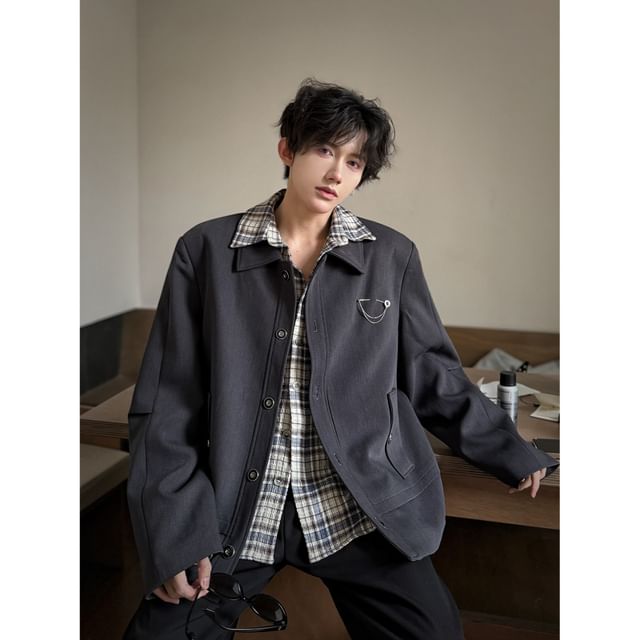 ravewider-Collared Plain Panel Button Jacket