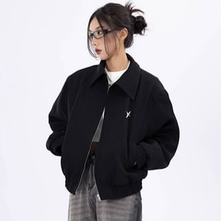 JVL-Lapel Plain Zip Up Bomber Jacket