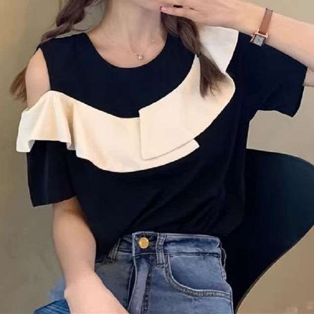 Cloud Nine-Short Sleeve Cold Shoulder Two Tone Panel Top