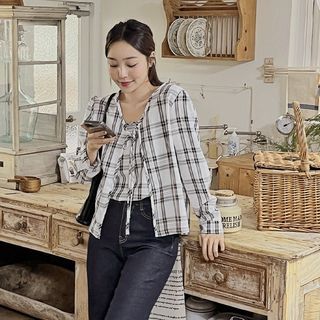 HOTPING Plaid Set Tie Front Cardigan + Camisole Top