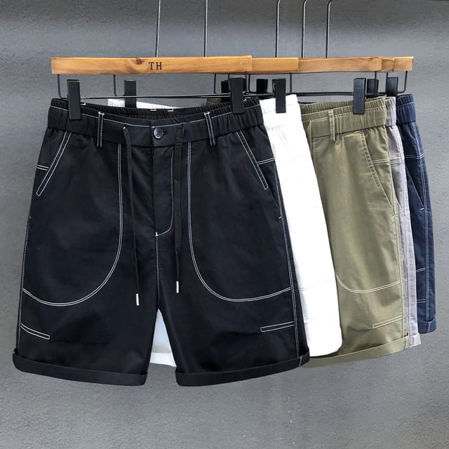 Nightbell-Drawstring Waist Contrast Stitching Shorts