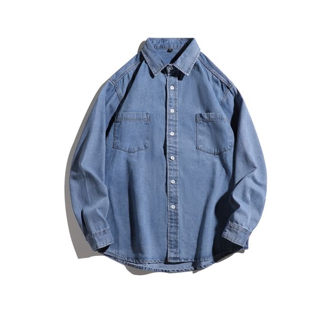 Phoneus-Long Sleeve Collared Washed Denim Shirt