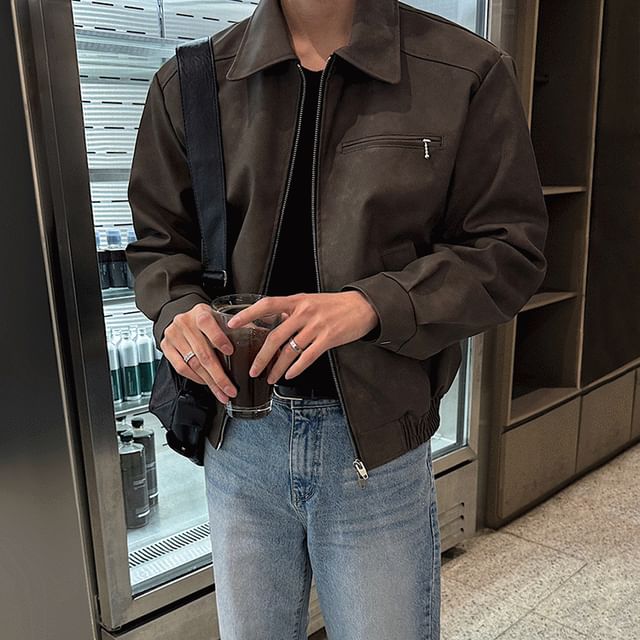MRCYC-Collared Plain Faux Leather Jacket