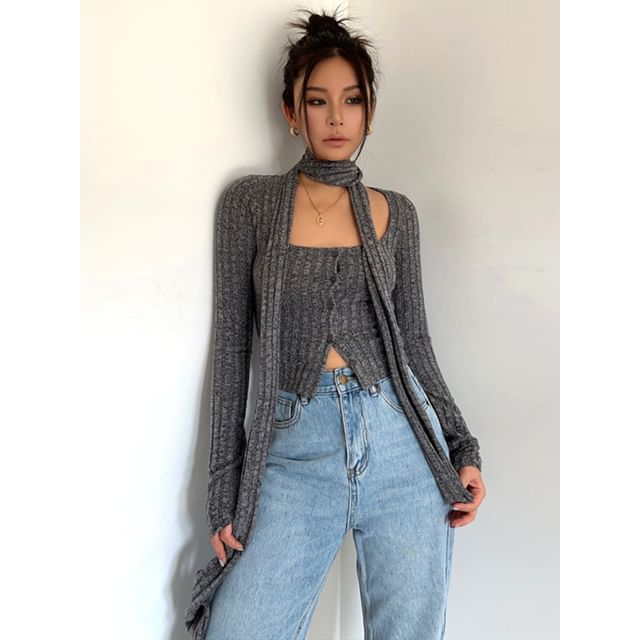 Colada-Soft-Knit Button-Up Crop Top with Scarf