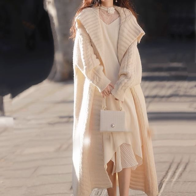 FR-Collar Plain Cable-Knit Maxi Open Front Cardigan