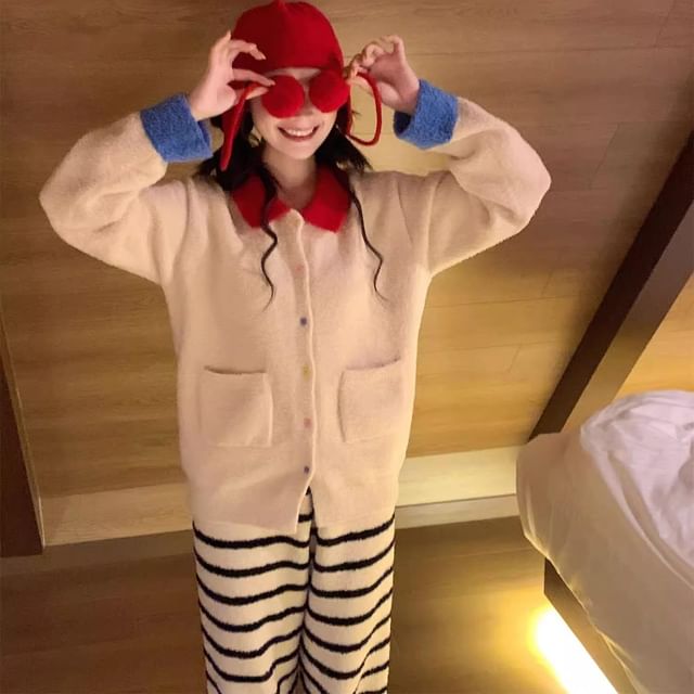 GOUB-Pajama Set Collared Button-Up Cardigan Striped Pants