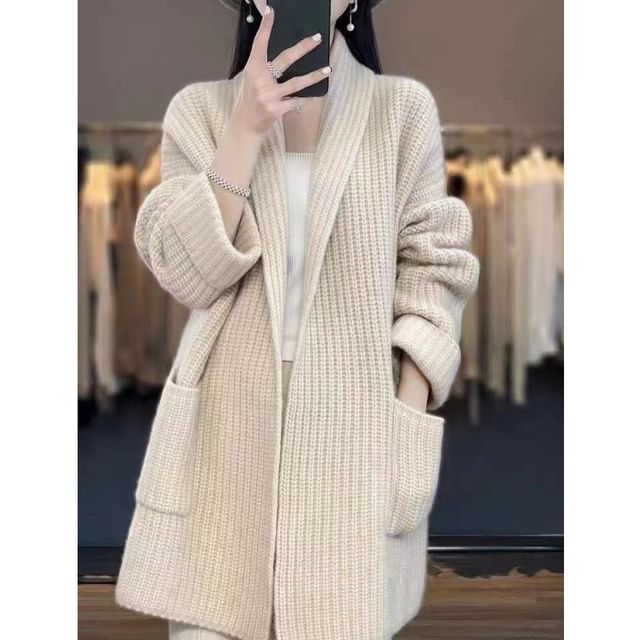 MIKIGA-Plain Pocket Detail Long Open Front Cardigan