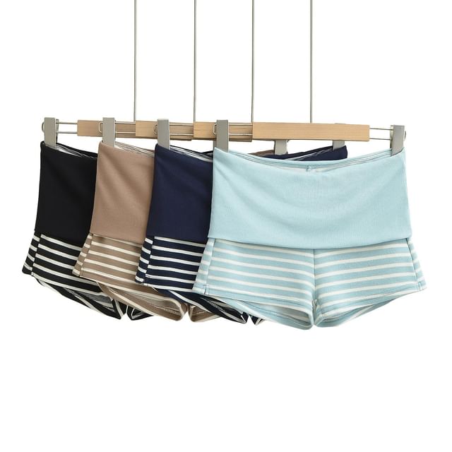 Asiris-Low Rise Folded Waistline Striped Hot Pants