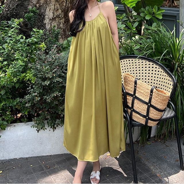 JIYON - Spaghetti Strap U-Neck Plain Midi A-Line Dress | YesStyle