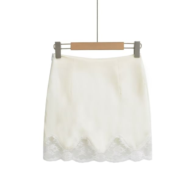 Asiris-High Waist Plain Panel Lace Mini Pencil Skirt