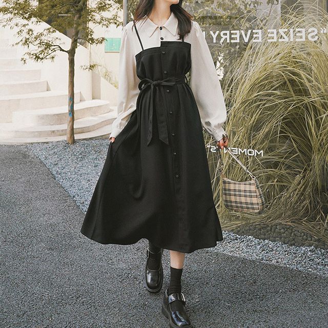 Ango - Mock Two-Piece Puff-Sleeve Midi Dress | YesStyle