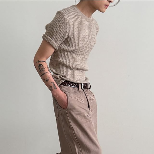 Nahagin-Short-Sleeve Round Neck Plain Cable Knit Top