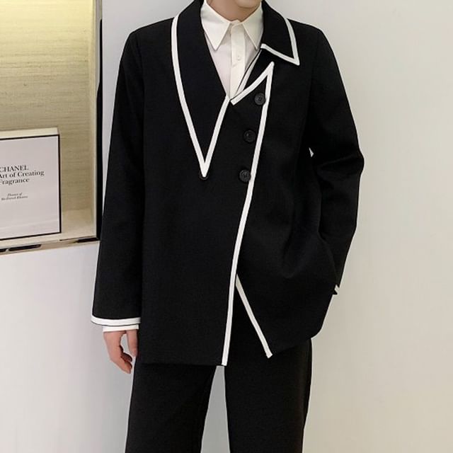 Bjorn-Plain Asymmetrical Contrast Trim Double-Breasted Blazer