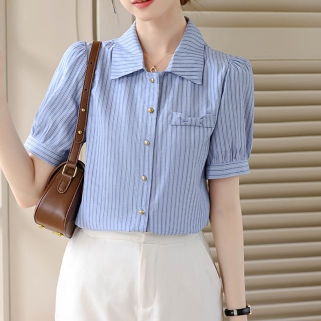 Dragan Pulse-Short Sleeve Collared Striped Button-Up Blouse