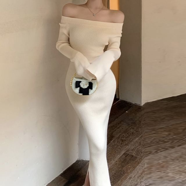 Magma-Flared-Sleeve Off-Shoulder Plain Side-Slit Ribbed Knit Maxi Sheath Dress