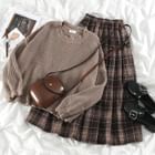 PUYE - Distressed Loose-Fit Sweater / Plaid Midi Skirt