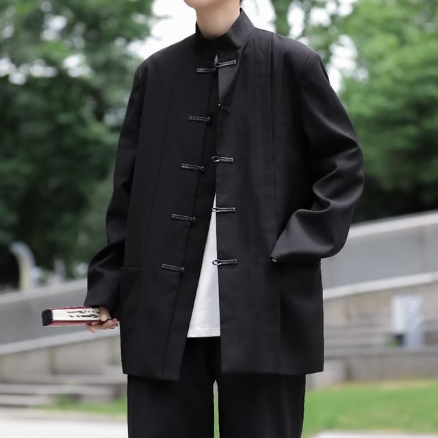 Ateso-Mandarin Collar Plain Frog Button Blazer