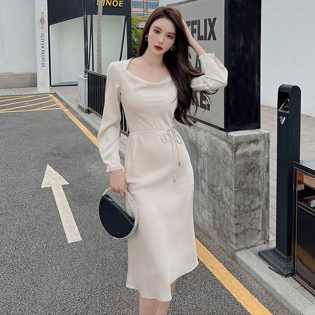 Oufan - Long-Sleeve Satin A-Line Dress | YesStyle