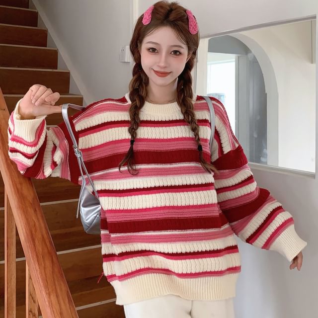 Maisee-Crew Neck Striped Sweater