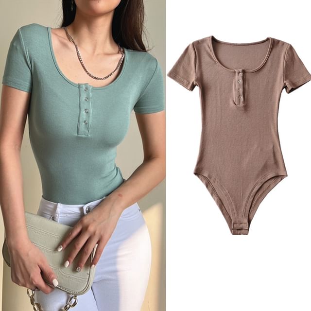 JVL-Short-Sleeve Half Buttoned Plain Bodysuit Top