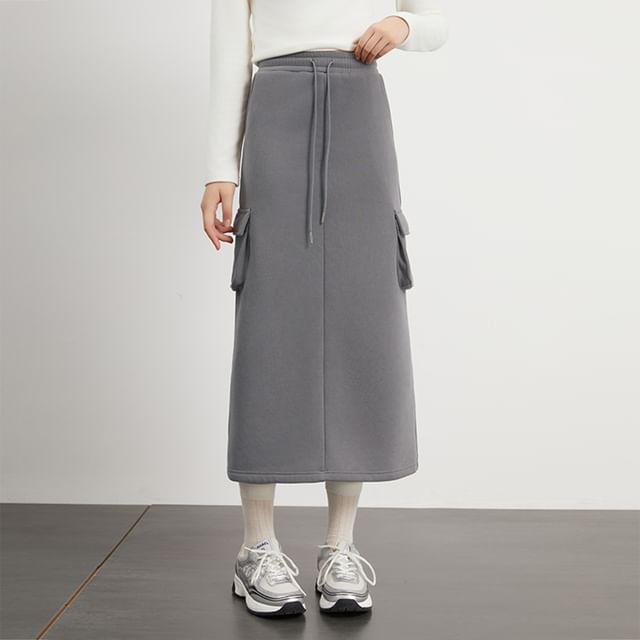Magimomo-Drawstring Waist Plain Midi A-Line Cargo Skirt