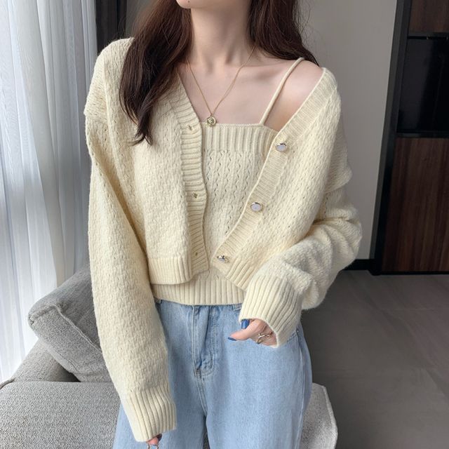 Gilmort-Plain Crop Camisole Cropped Cardigan