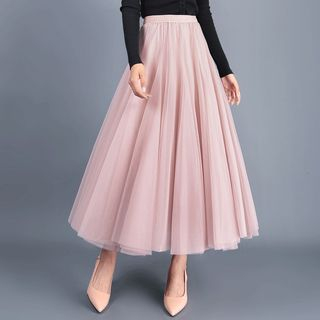 Lewwe - Mesh Midi A-Line Skirt | YesStyle
