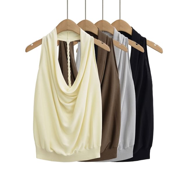 Ulark-Cowl Neck Plain Open Back Tank Top